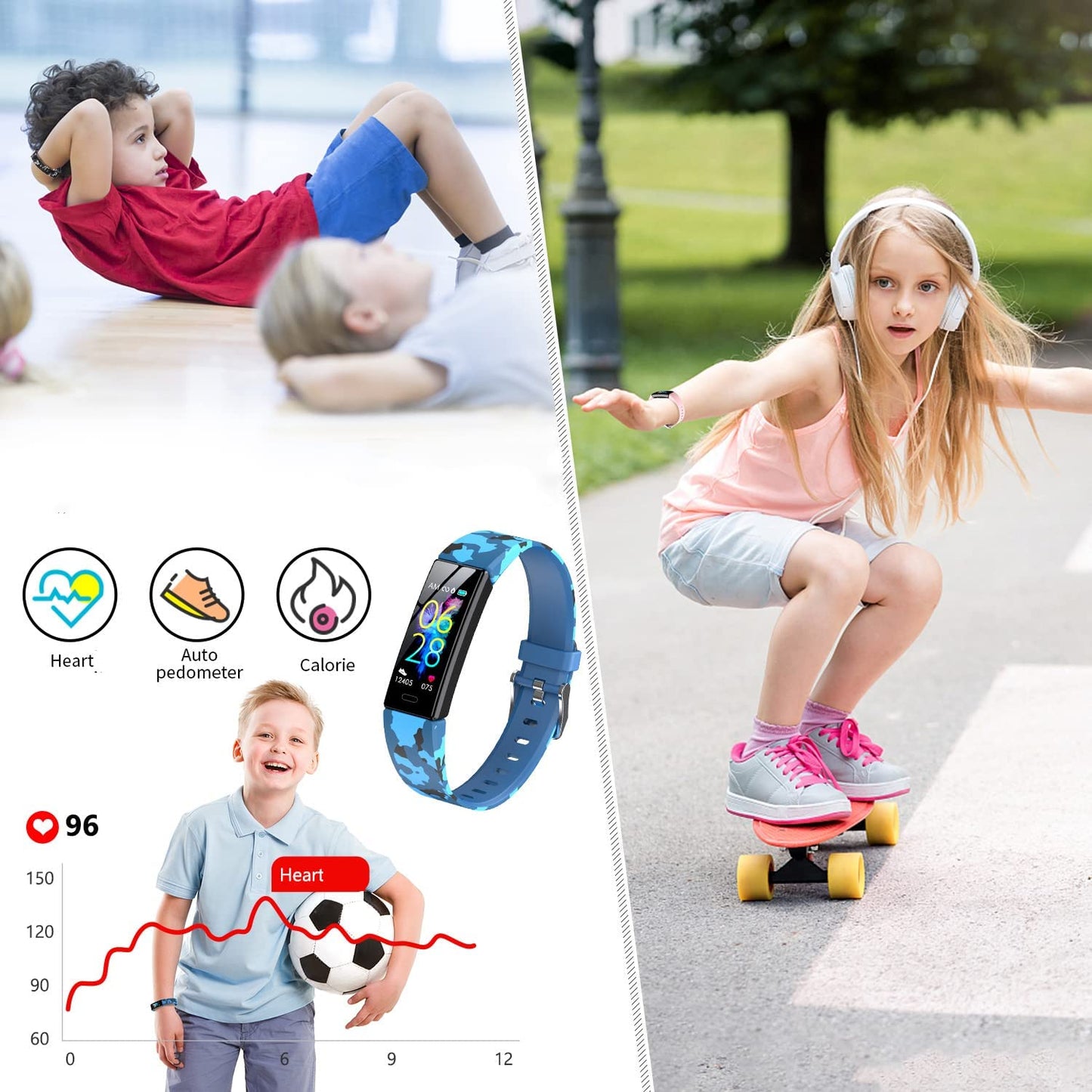 Kids Fitness Tracker, Fitness Watch Activity Tracker with Pedometers, Heart Rate & Sleep Monitor, Stopwatch, IP68 Waterproof, Smart Band with 11 Sport Modes