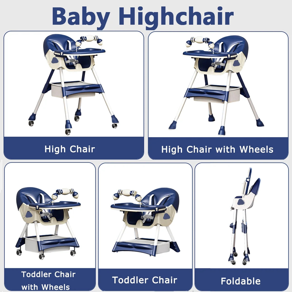 Portable High Chair with Wheels, Foldable Travel High Chair for Babies Toddlers, Purple