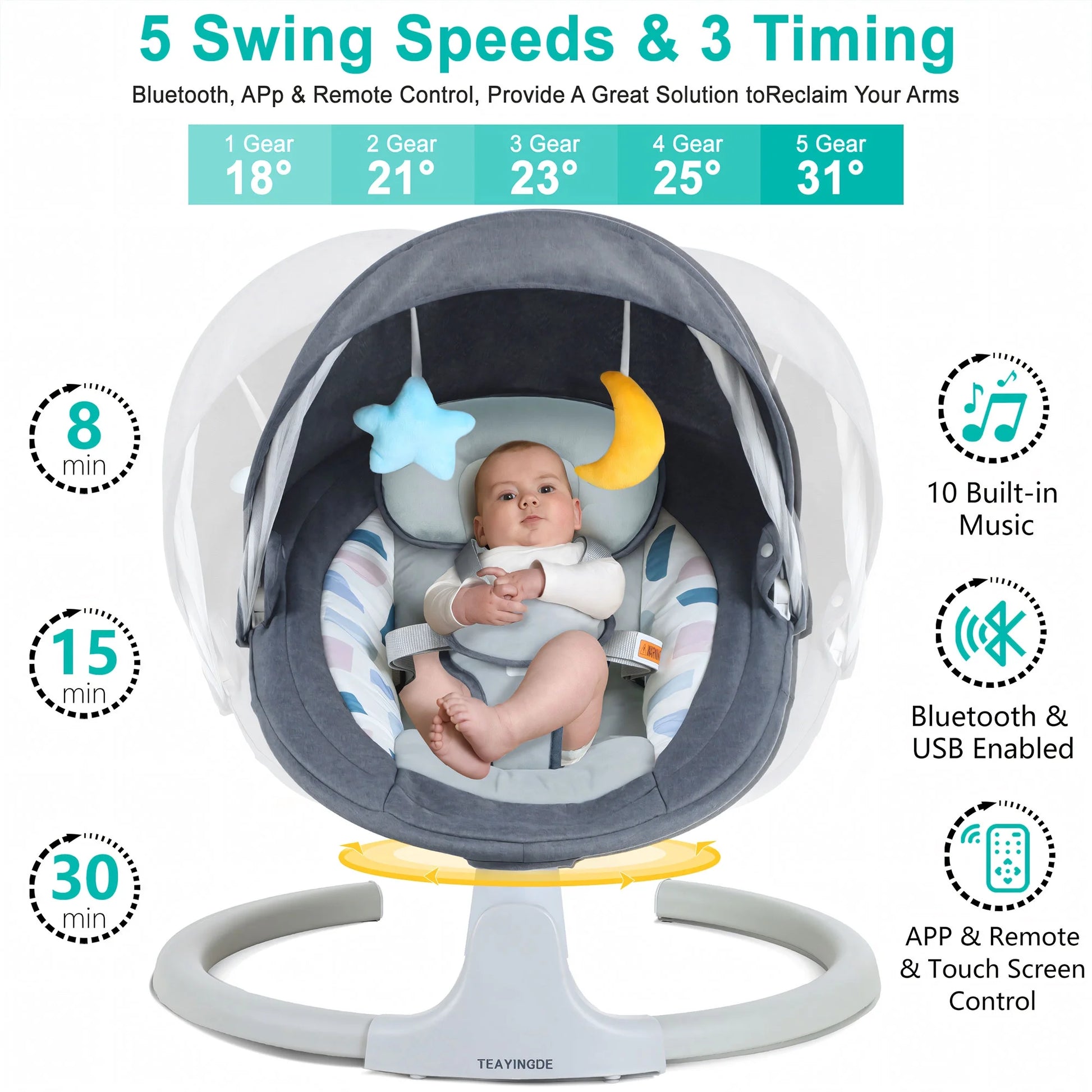 Baby Swing for Infants - APP Remote Bluetooth Control, 5 Speed Settings, 10 Lullabies, USB Plug (Pink)