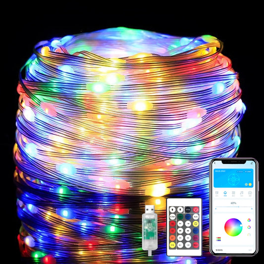 50Ft Smart RGB-IC LED Fairy Lights USB Powered with APP Remote Control, IP65 Waterproof Twinkle Color Changing Lights for Garden Party Decor