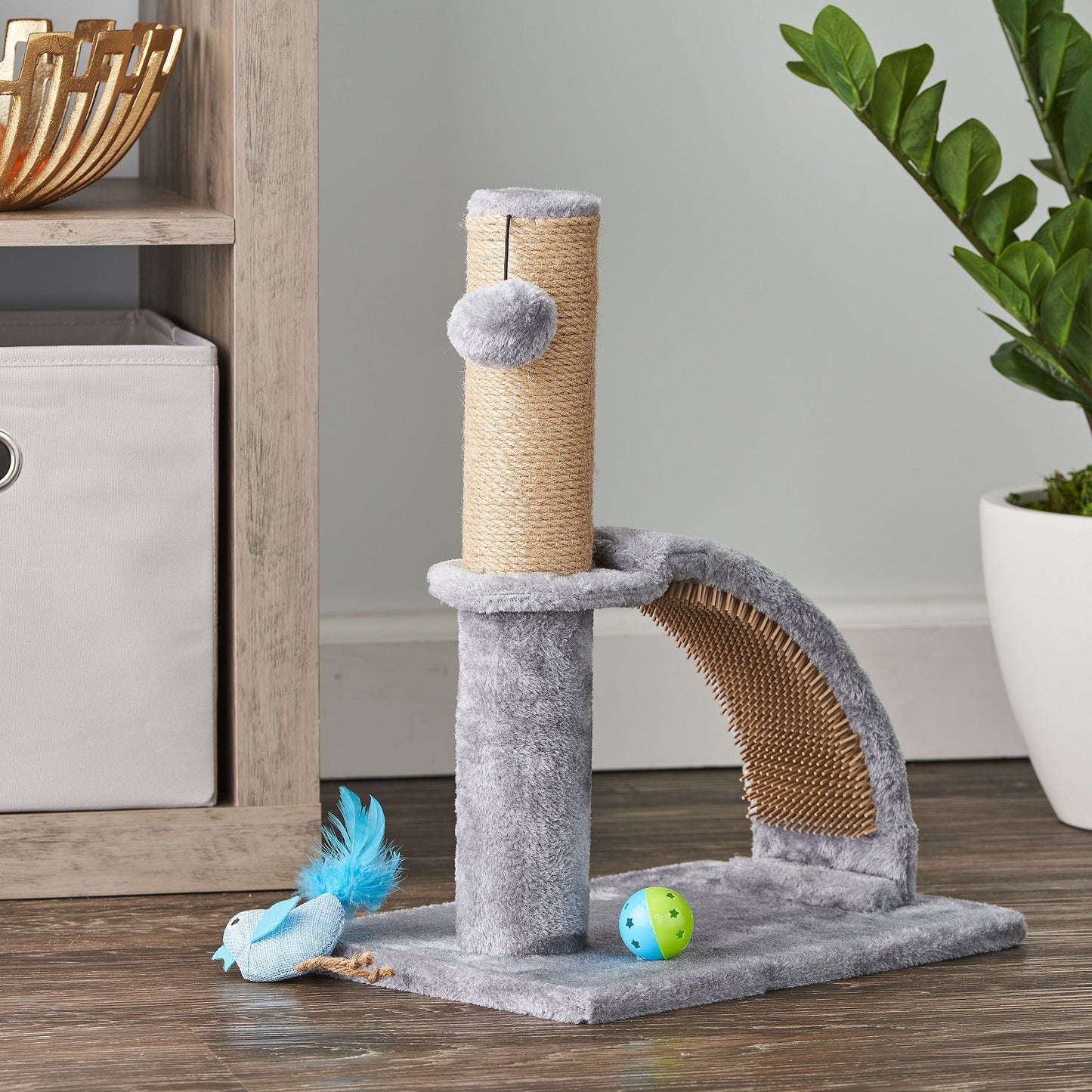 17"Deluxe Jute Cat Scratching Post with Arch Grooming Massager, Gray, Pack of 1