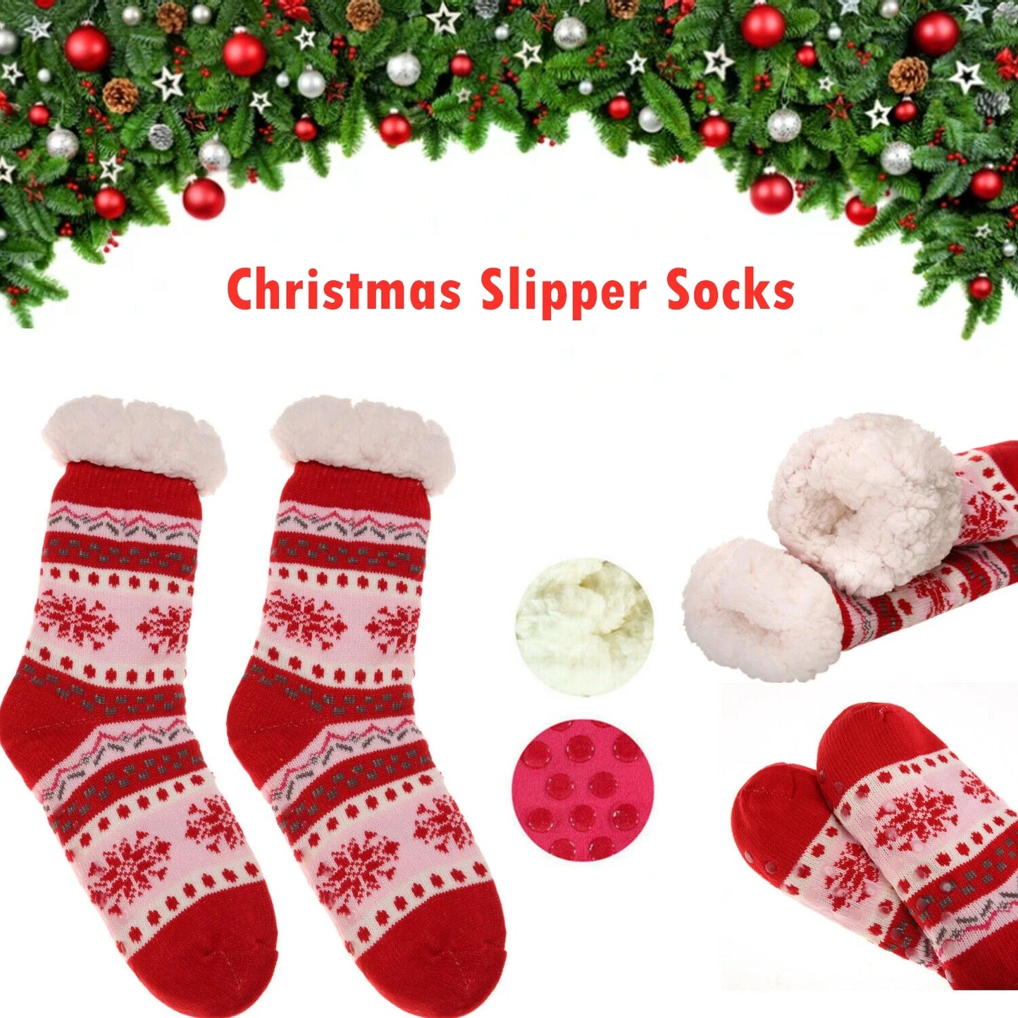 1Pair Women Men Christmas Slipper Socks Fuzzy Thermal Bed Sherpa Slipper Socks Fleece US 5-11 Christmas Socks