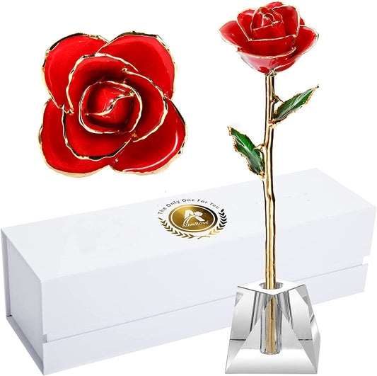 Valentines Day Gift, 24K Gold Dipped Real Rose Gift for Her and Great Valentines Gift for Her Rose(Red with Crystal Vase)