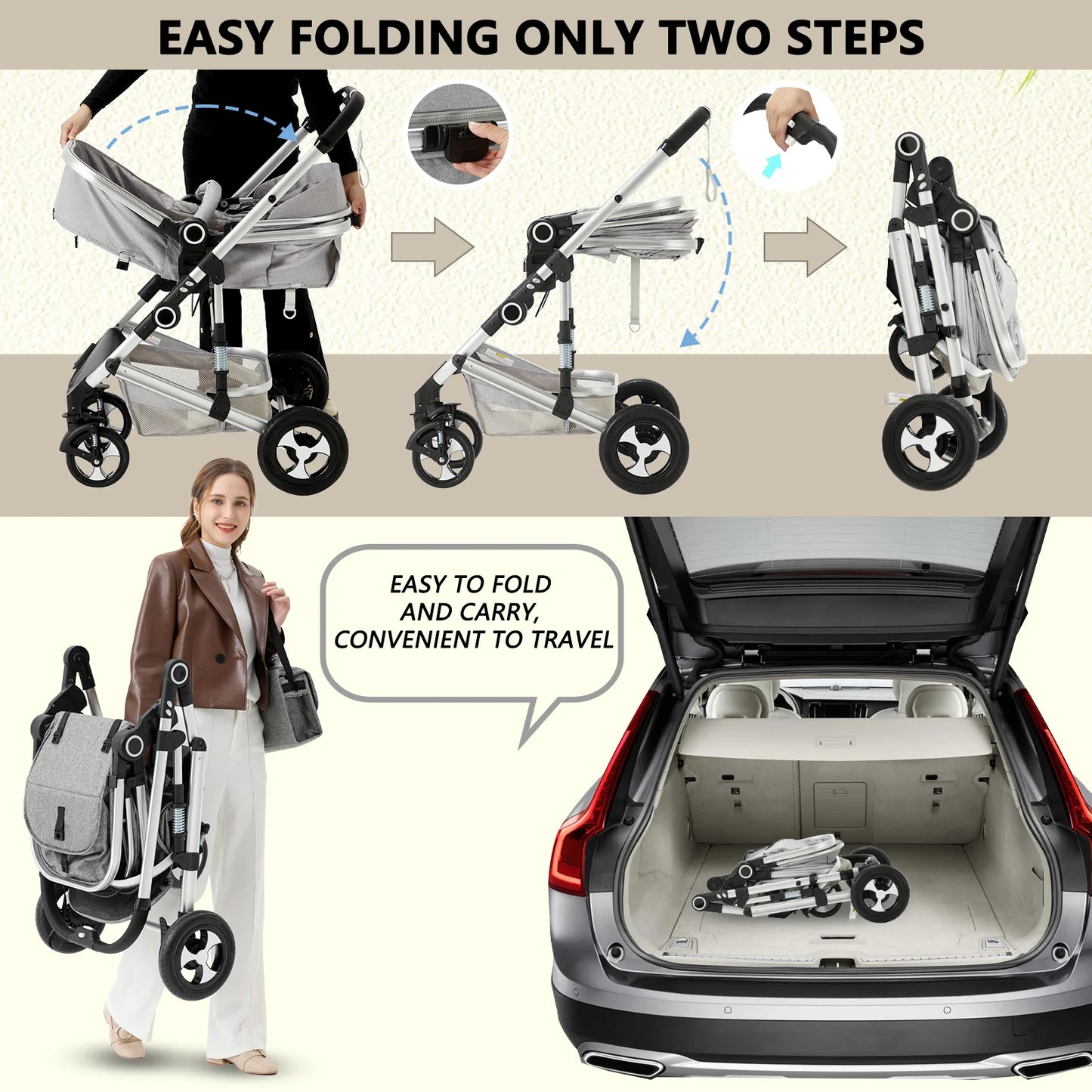 3-In-1 Convertible Baby Stroller, Folding Newborn Stroller with Big Seat, 21LB, Dark Grey