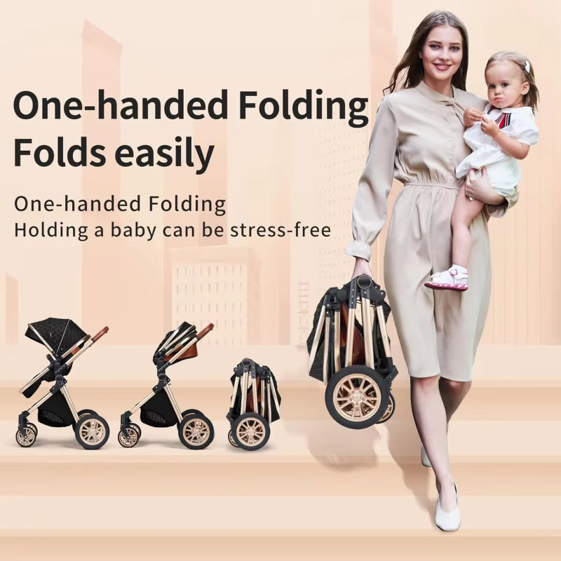 3 in 1 Baby Travel System Infant Baby Stroller Pushchair High Landscape Reversible Foldable Portable Stroller Newborn Pram Recli