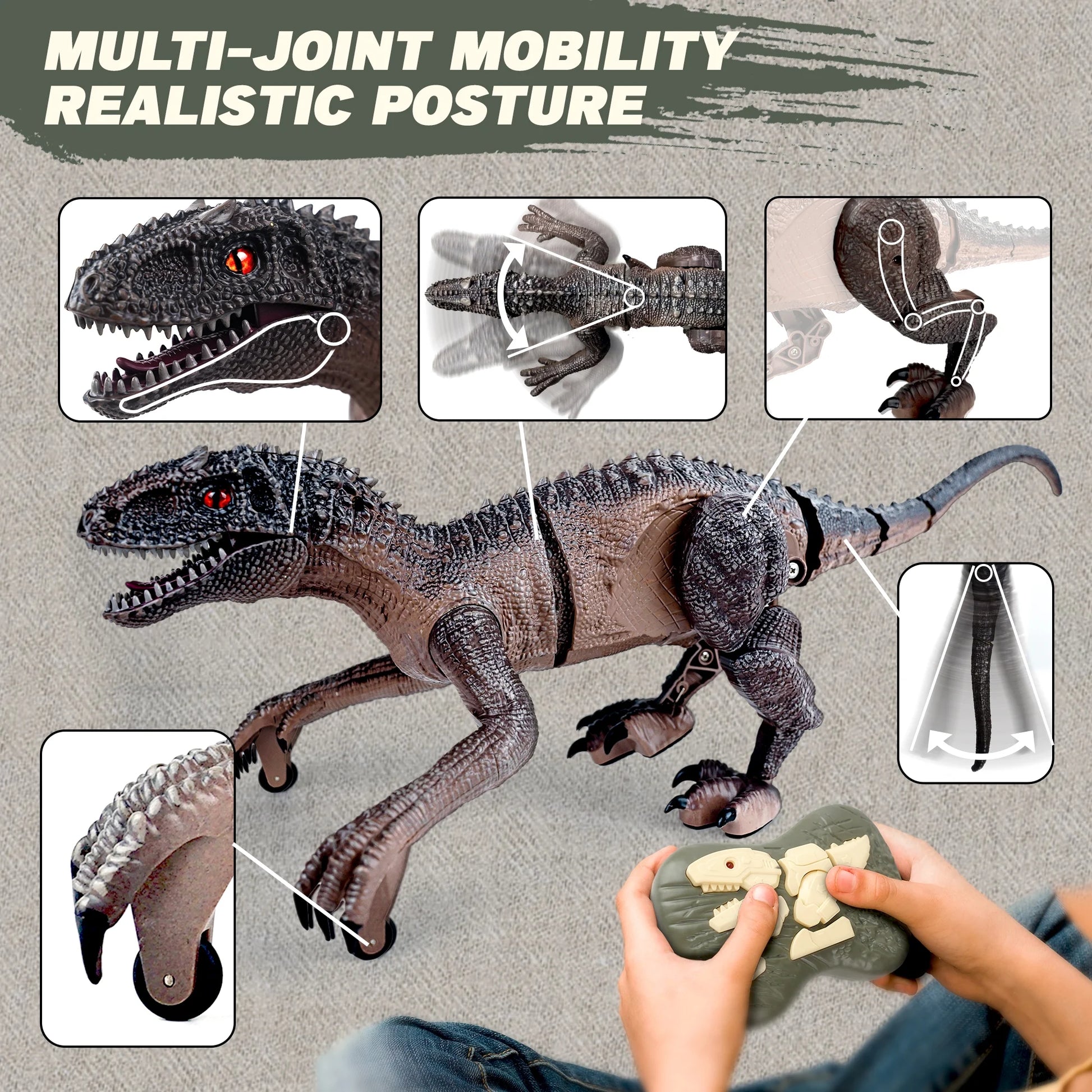 Remote Control Dinosaur Toy for Kids, LED Lightup Walking Roaring Velociraptor, RC Dinosaur Toys for 3-6 Boys Girls