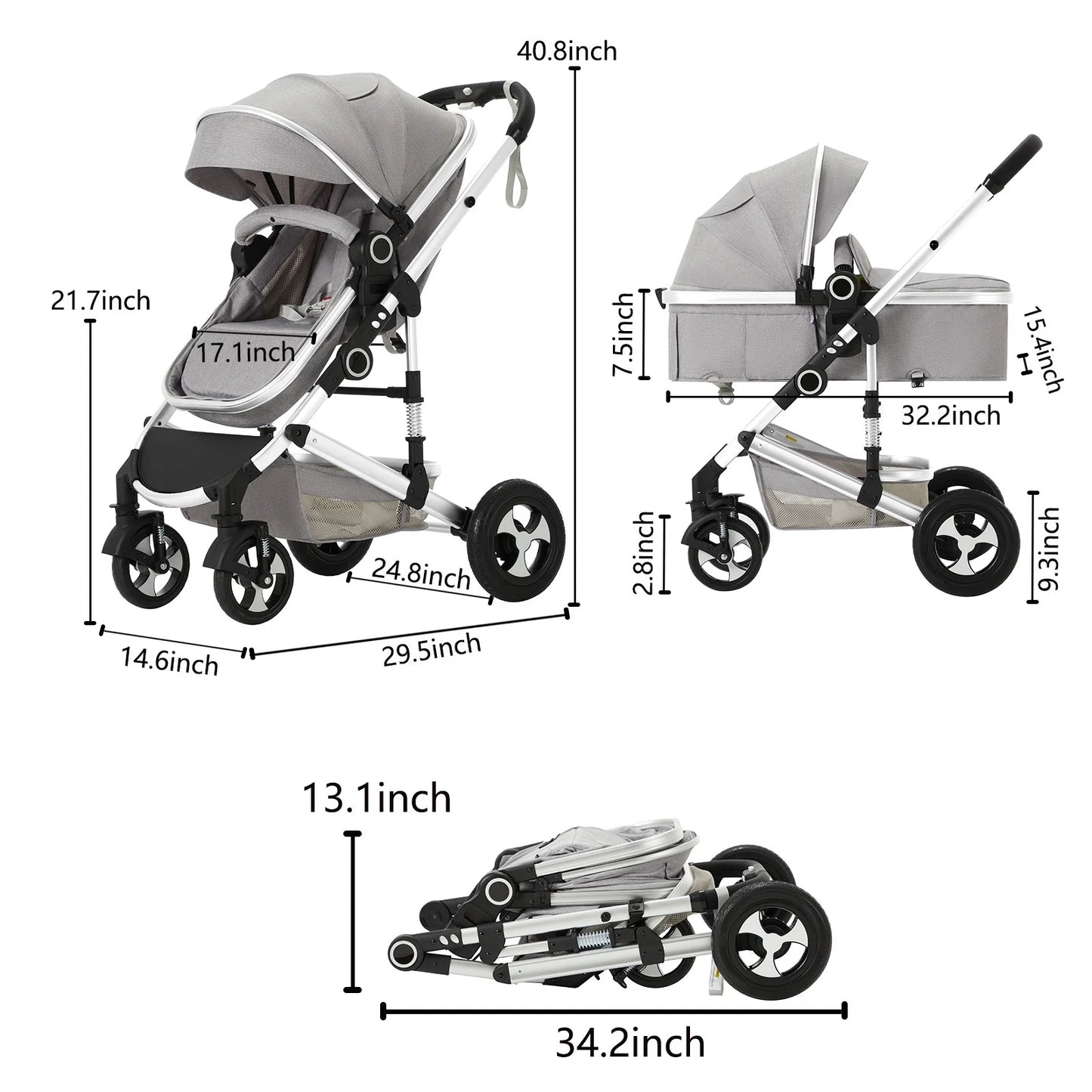 3-In-1 Convertible Baby Stroller, Folding Newborn Stroller with Big Seat, 21LB, Dark Grey