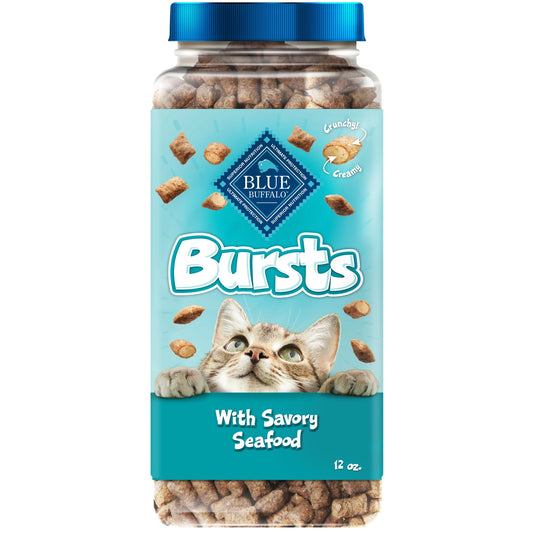 Bursts Crunchy & Creamy Dry Cat Treats, Great for Training, Seafood, 12-Oz. Tub