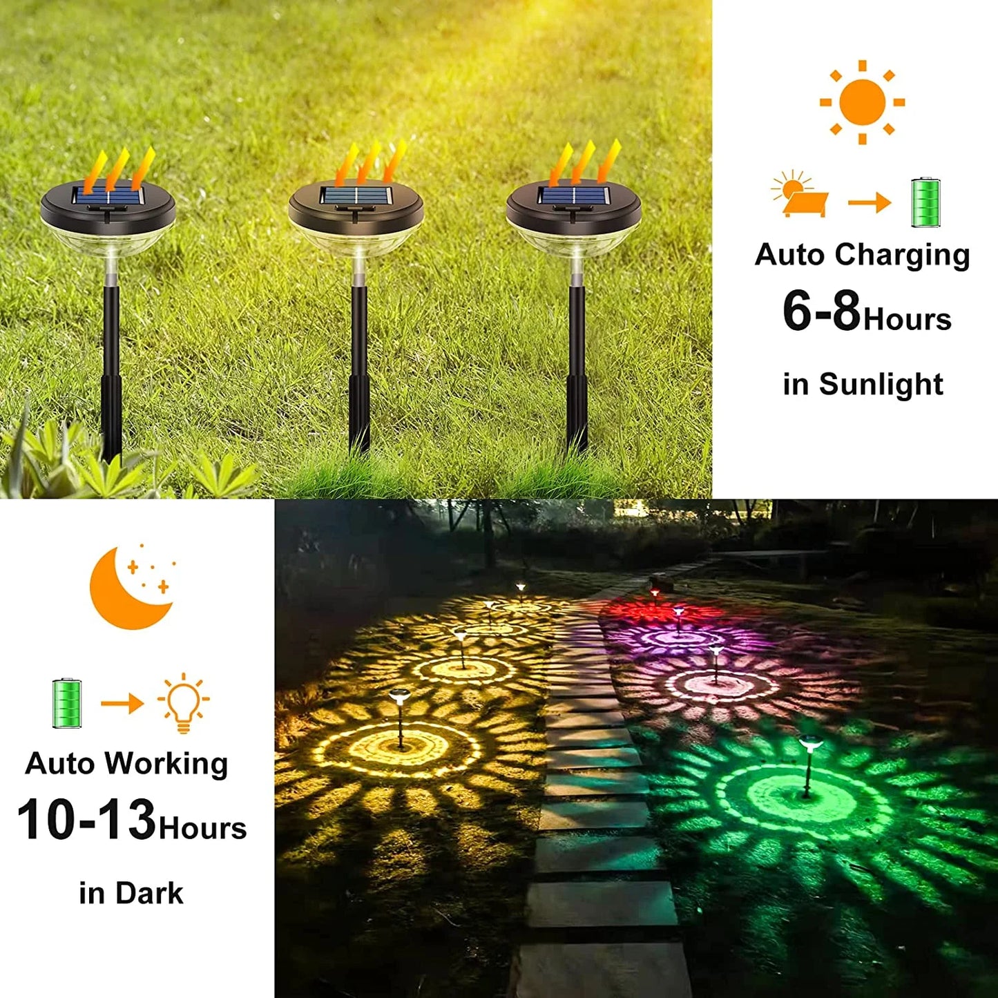 Outdoor Solar Pathway Lights, 6 Pack Dual Mode Waterproof LED Solar Lights for Walkway Yard Garden Lawn Patio - White & Multi-Color