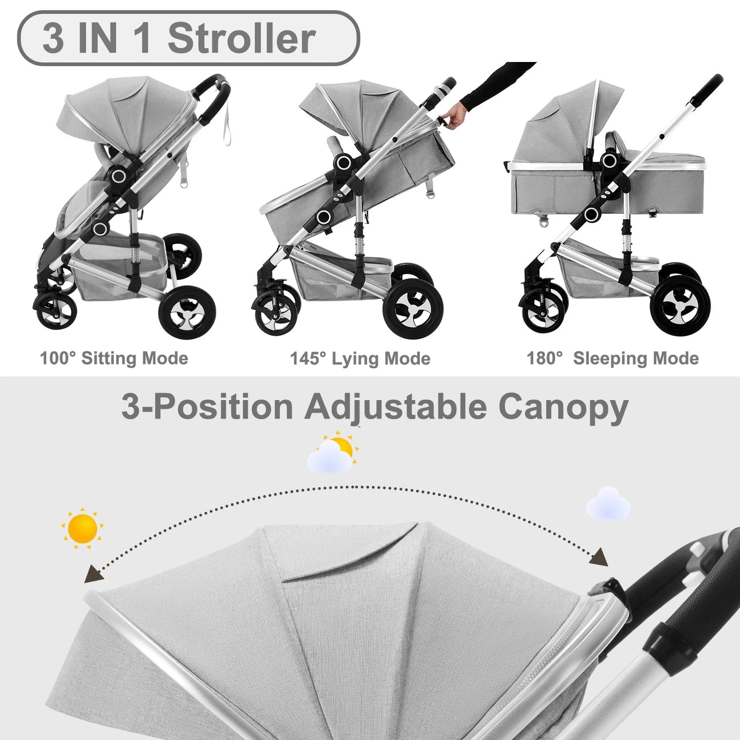 3-In-1 Convertible Baby Stroller, Folding Newborn Stroller with Big Seat, 21LB, Dark Grey