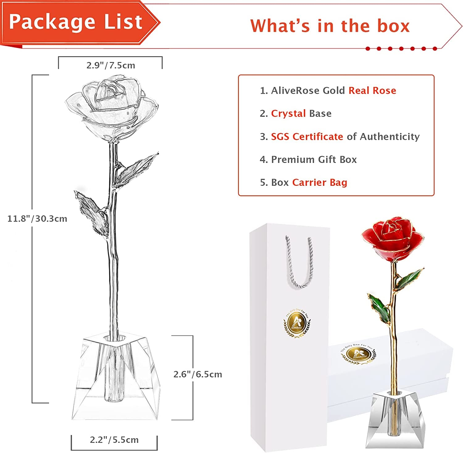 Valentines Day Gift, 24K Gold Dipped Real Rose Gift for Her and Great Valentines Gift for Her Rose(Red with Crystal Vase)