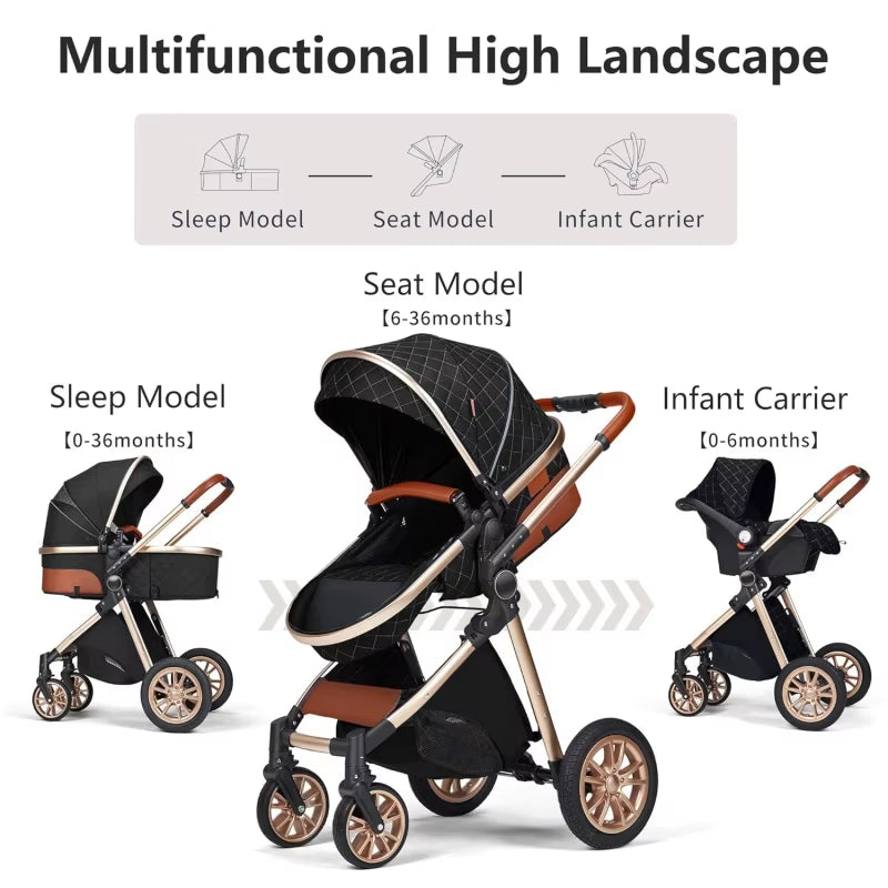 3 in 1 Baby Travel System Infant Baby Stroller Pushchair High Landscape Reversible Foldable Portable Stroller Newborn Pram Recli