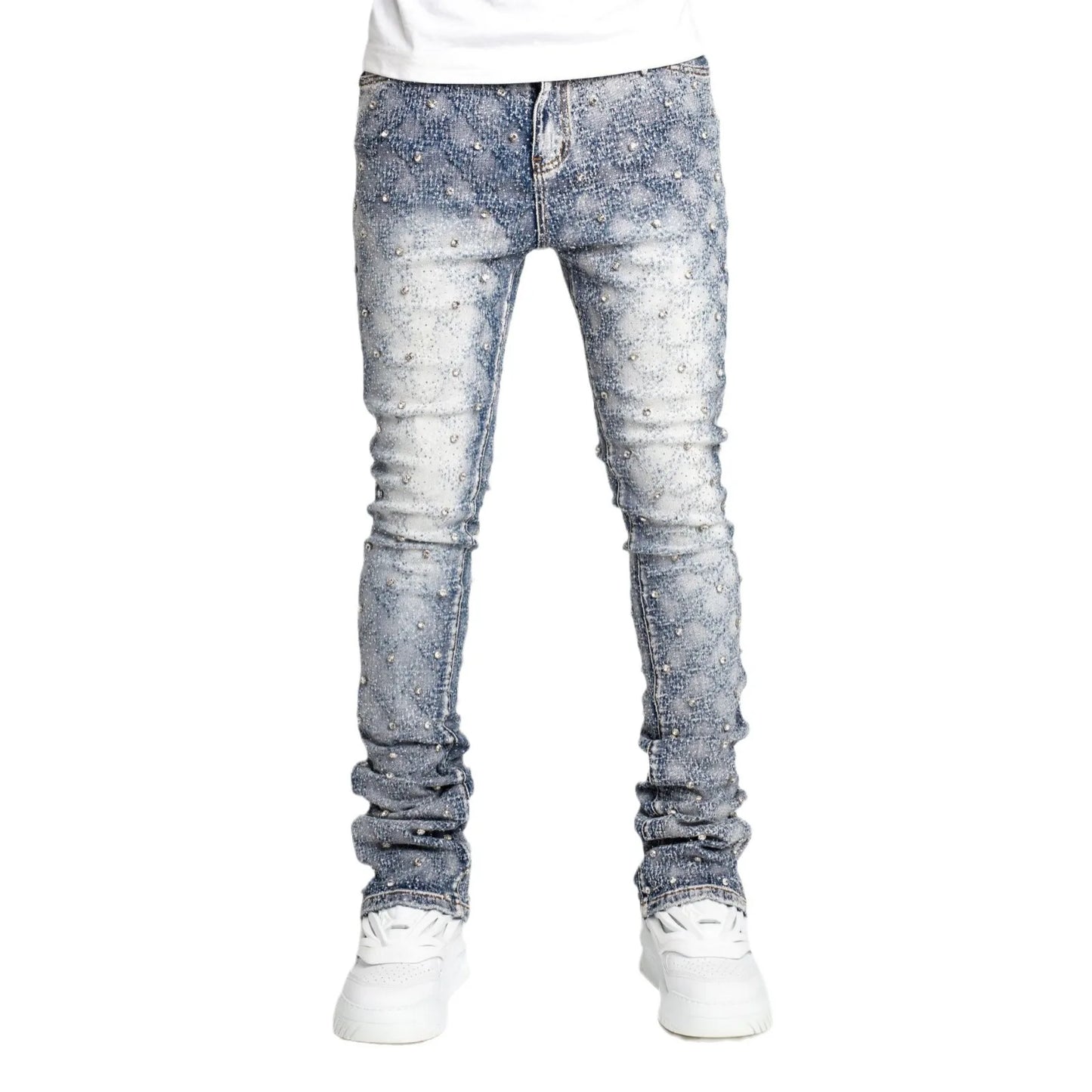 European Personality Stacked Jeans for Men Slim Fit Stretchy Pearls Man'S New Designer Jeans