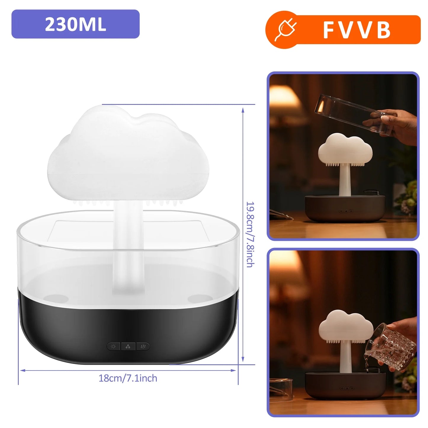 Rain Cloud Humidifier Water Drip,Mushroom Diffuser,Cloud Humidifier Rain Drop,Rain Cloud Diffuser with 7 Light Colours,Waterfall Lamp Humidifier Rain Sounds for Relax Sleeping,200Ml