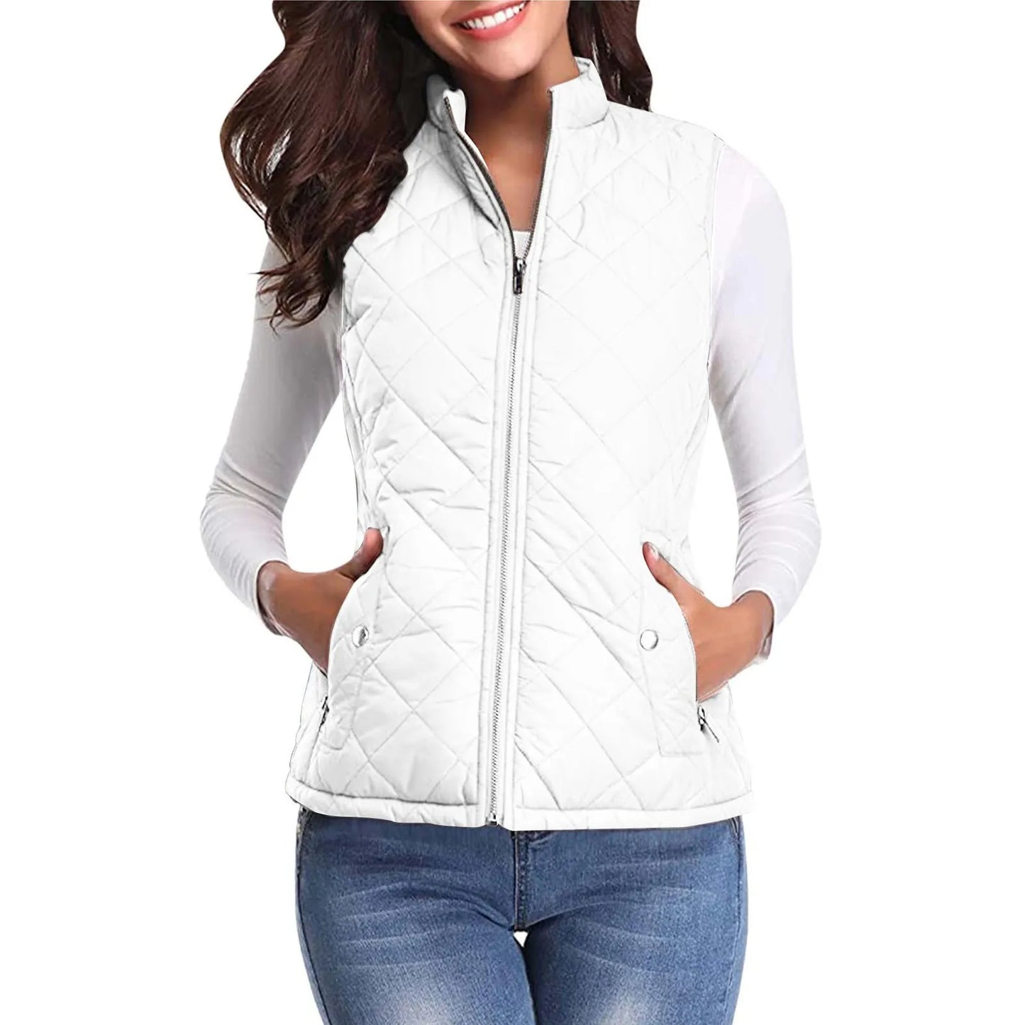 Women'S Padded Vest Quilted Jacket Ladies Zipper Sleeveless Waistcoat Autumn Winter Lightweight Comfortable Cotton down Vests