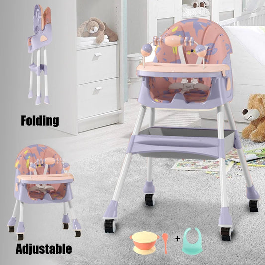 XUDREZ 4-In-1 Baby High Chair Portable Baby Dining Chairs Eat & Play Convertible High Chair with Five-Point Snap Button, Double-Layer Dinner Plate and Toy Rack, Purple