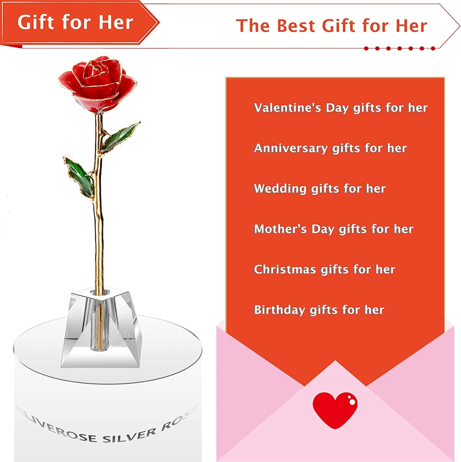 Valentines Day Gift, 24K Gold Dipped Real Rose Gift for Her and Great Valentines Gift for Her Rose(Red with Crystal Vase)