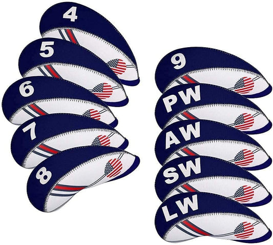 Golf Iron Head Covers 10Pcs Neoprene USA Flag Golf Club Protector Multi Color Golf Club Protector (Blue)