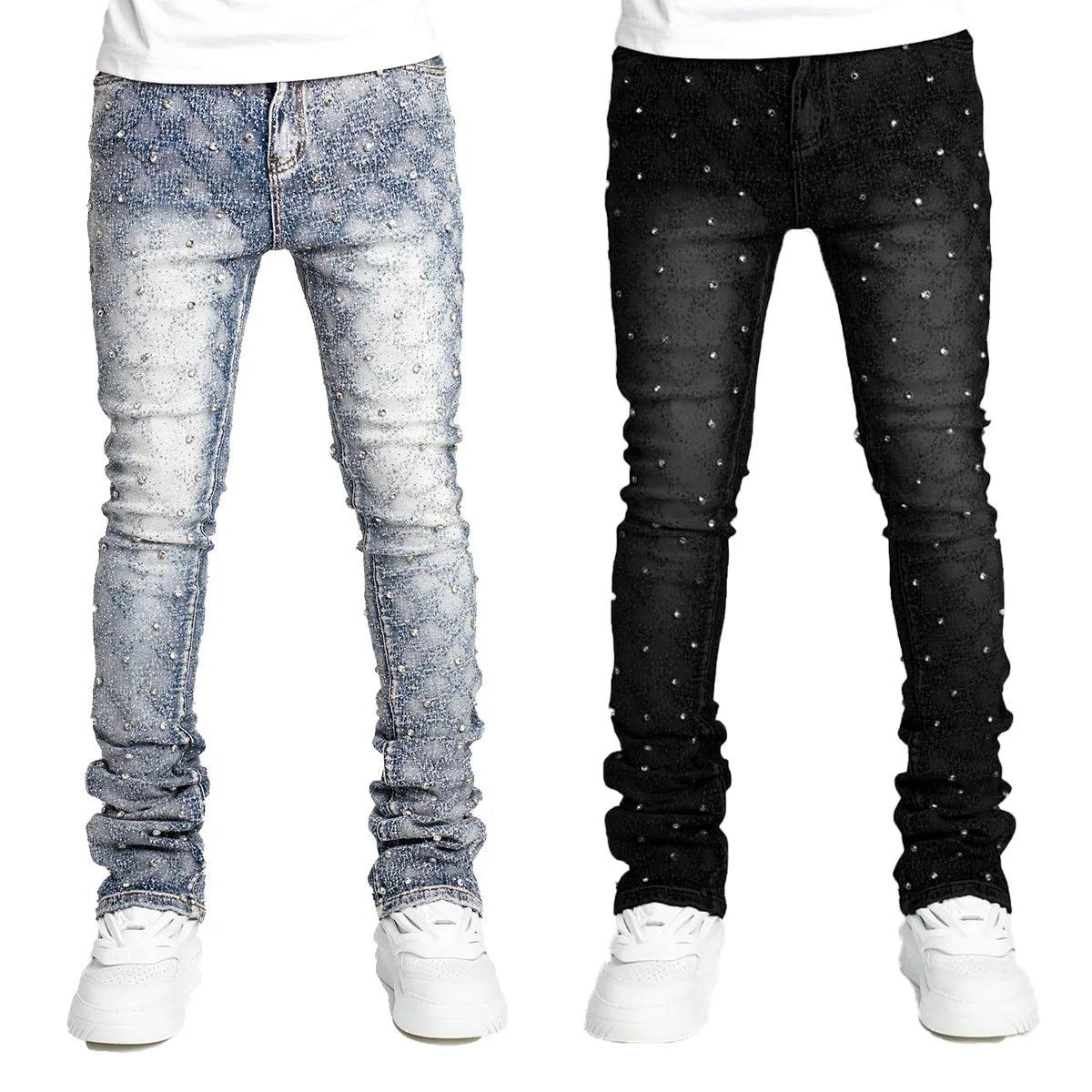 European Personality Stacked Jeans for Men Slim Fit Stretchy Pearls Man'S New Designer Jeans