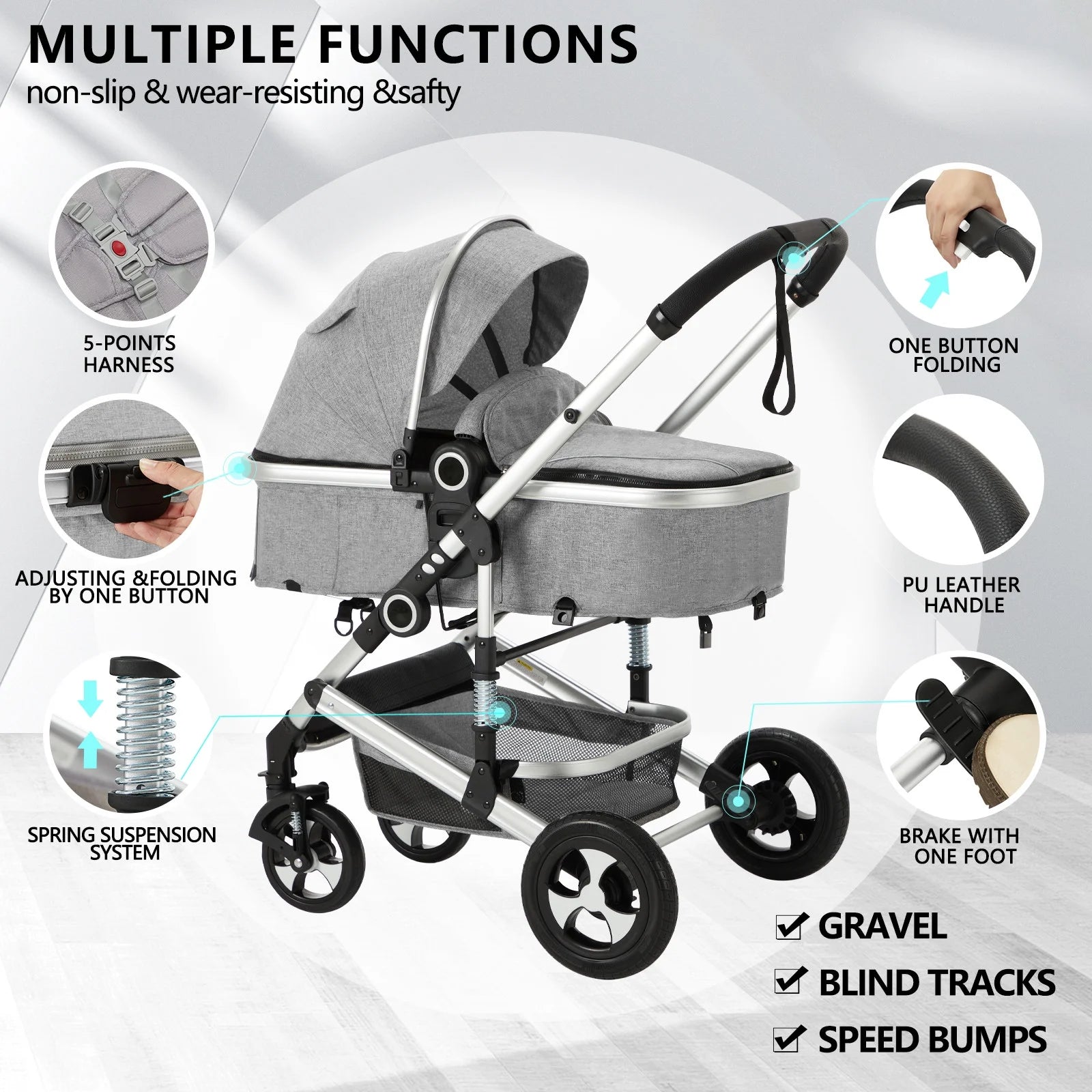 3-In-1 Convertible Baby Stroller, Folding Newborn Stroller with Big Seat, 21LB, Dark Grey