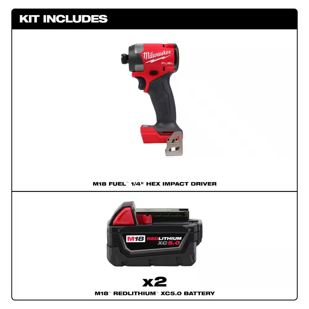 M18 FUEL 18-Volt Lithium Ion Brushless Cordless 1/4 In. Hex Impact Driver with (2) M18 5.0Ah Batteries