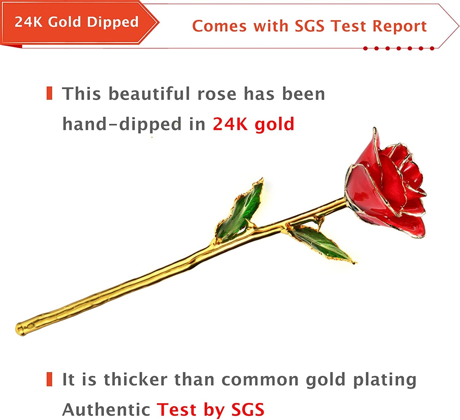 Valentines Day Gift, 24K Gold Dipped Real Rose Gift for Her and Great Valentines Gift for Her Rose(Red with Crystal Vase)