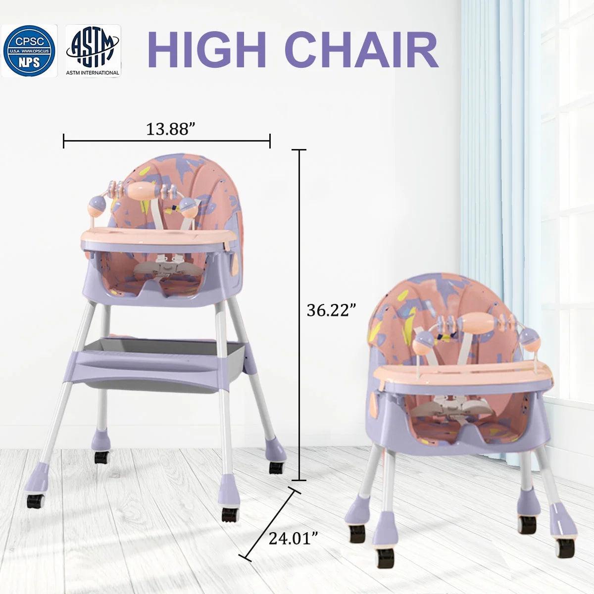 XUDREZ 4-In-1 Baby High Chair Portable Baby Dining Chairs Eat & Play Convertible High Chair with Five-Point Snap Button, Double-Layer Dinner Plate and Toy Rack, Purple