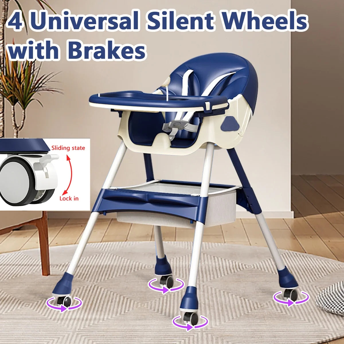 Portable High Chair with Wheels, Foldable Travel High Chair for Babies Toddlers, Purple