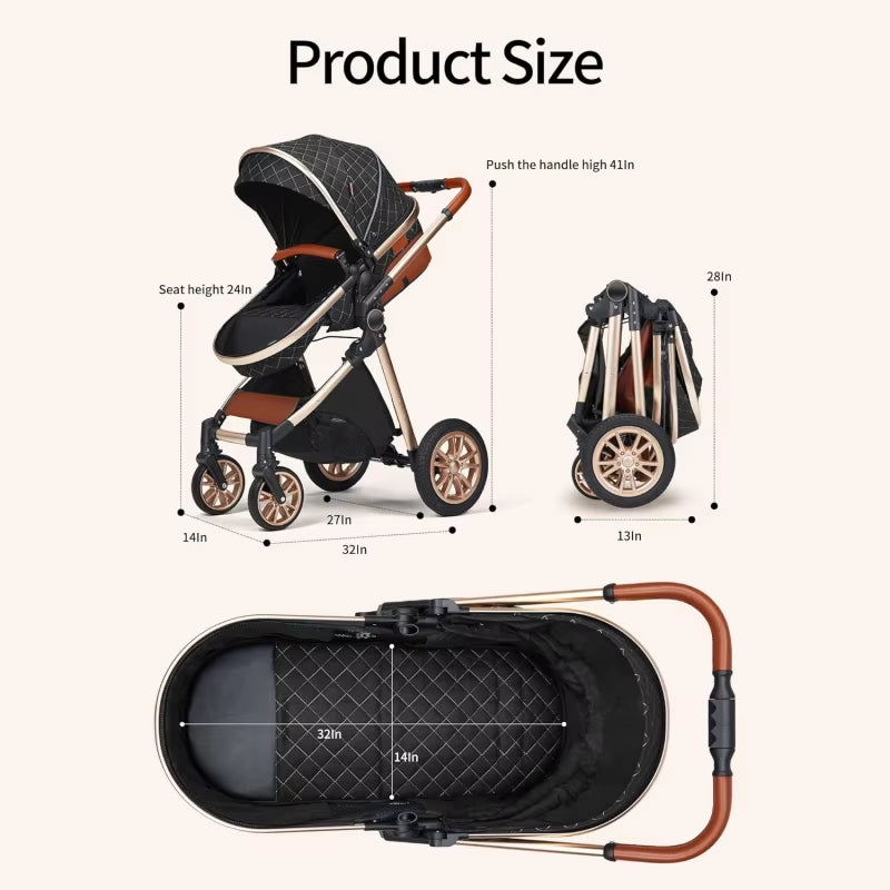 3 in 1 Baby Travel System Infant Baby Stroller Pushchair High Landscape Reversible Foldable Portable Stroller Newborn Pram Recli