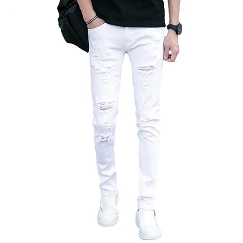 Korean Style Luxury Slim Fit Jeans for Men New Arrival High Street Fashion Ripped Denim Casual Classic White Trousers for Men